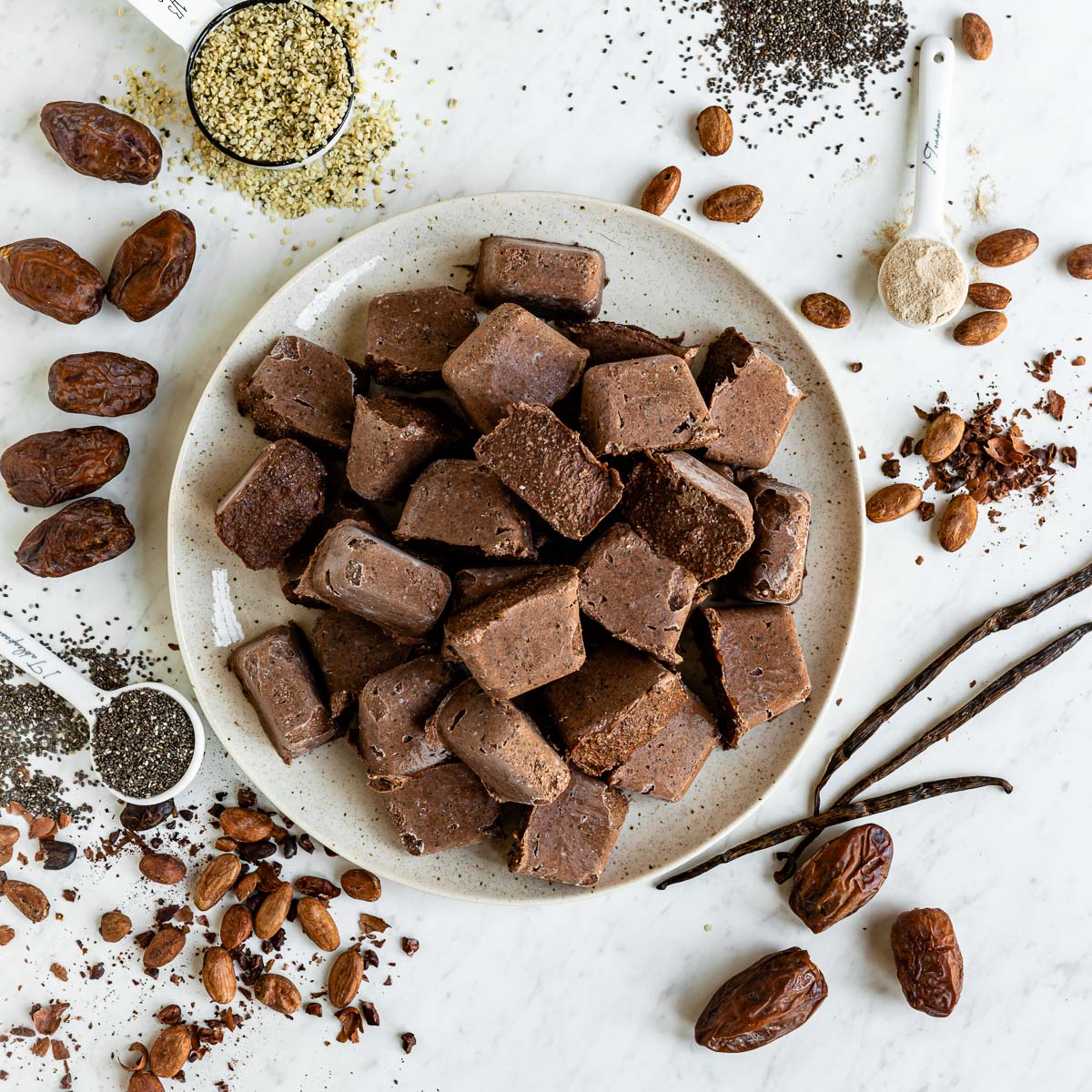Plate of chocolate fiber smoothie cubes