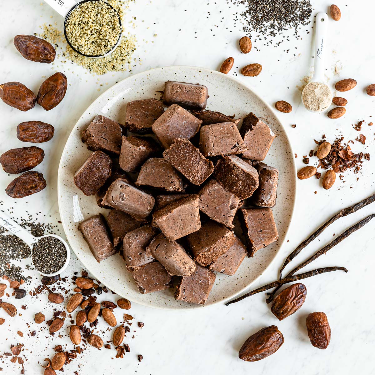 Plate of chocolate fiber smoothie cubes