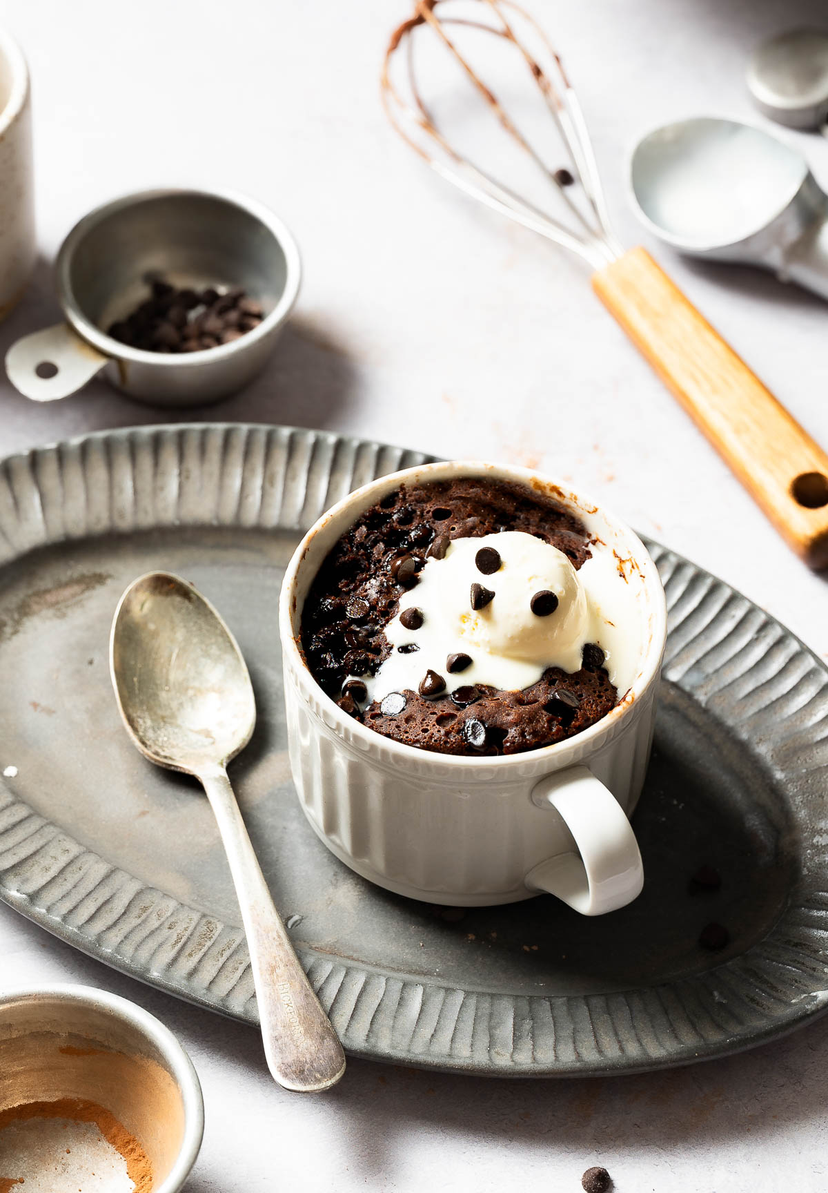 A vegan chocolate mug cake ready to serve. 