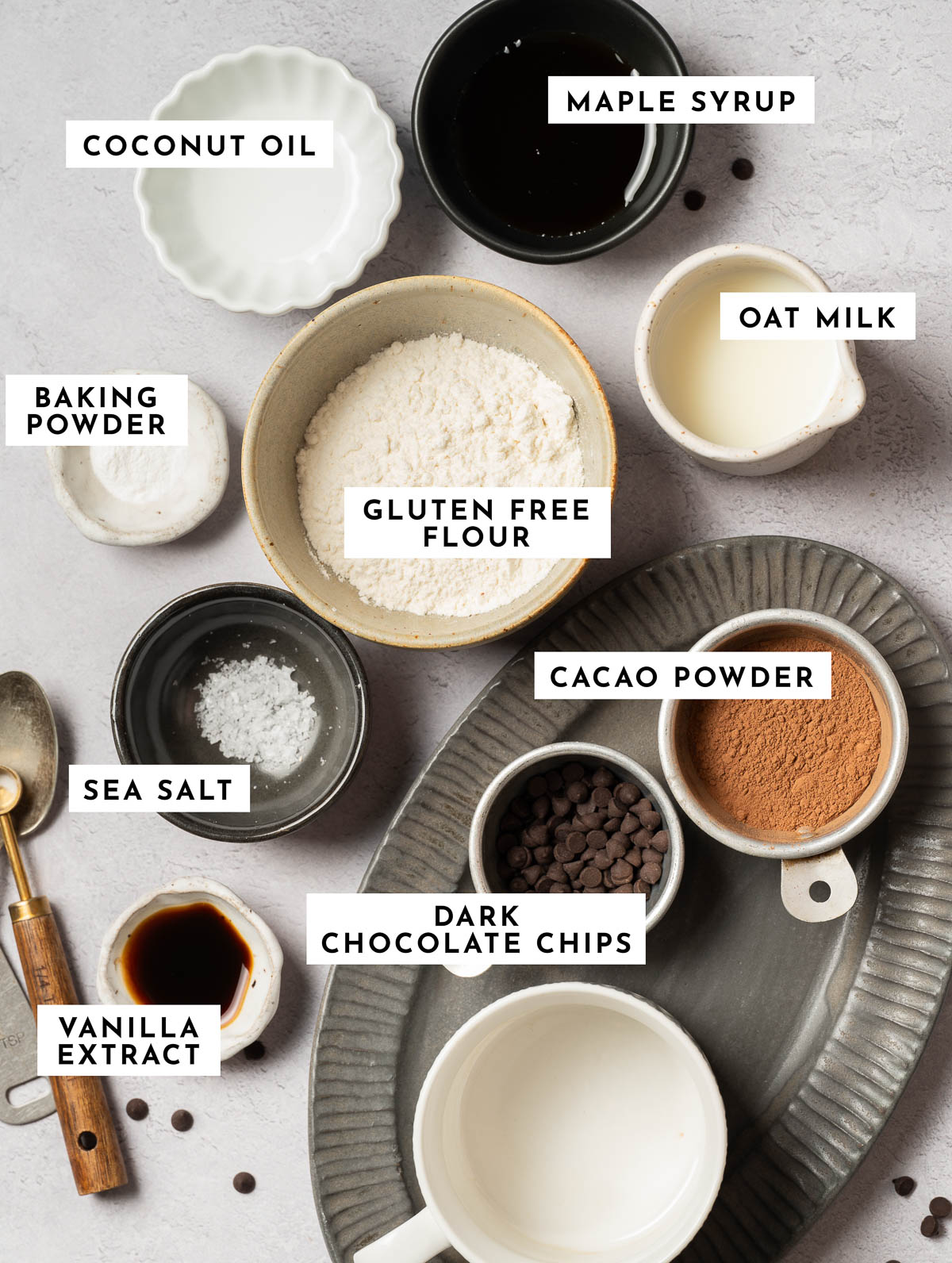 Labeled ingredients for a vegan chocolate mug cake.