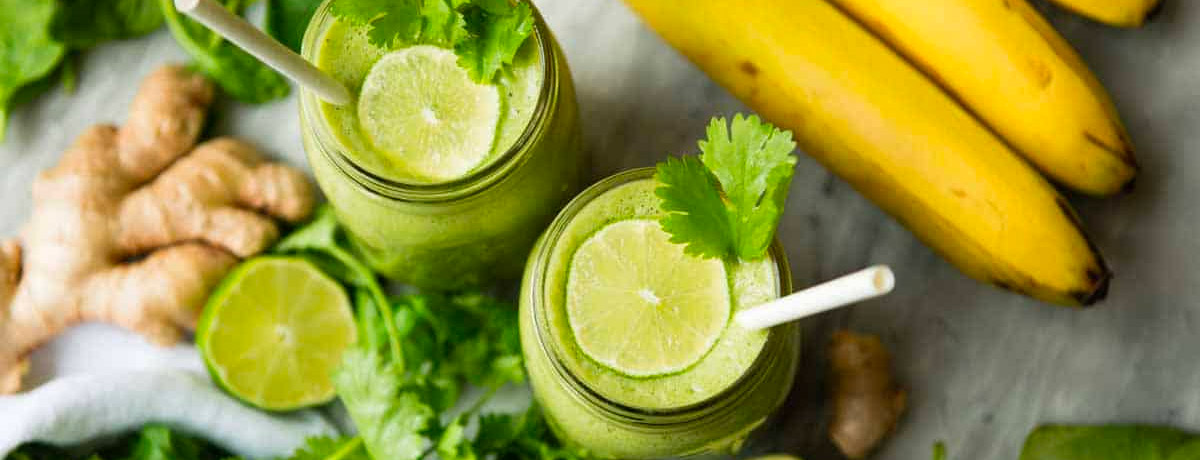 two green smoothies with lime slices sitting on top, cilantro sprigs, and straws