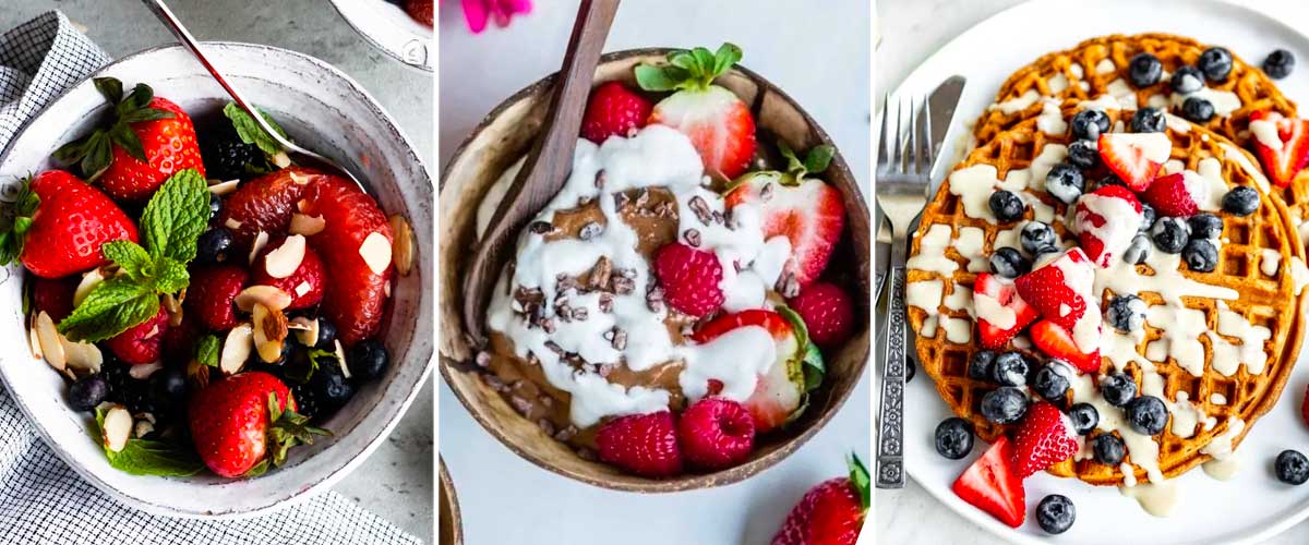 3 vegan recipes that can use coconut whipped cream including fruit salad, chocolate pudding and waffles.