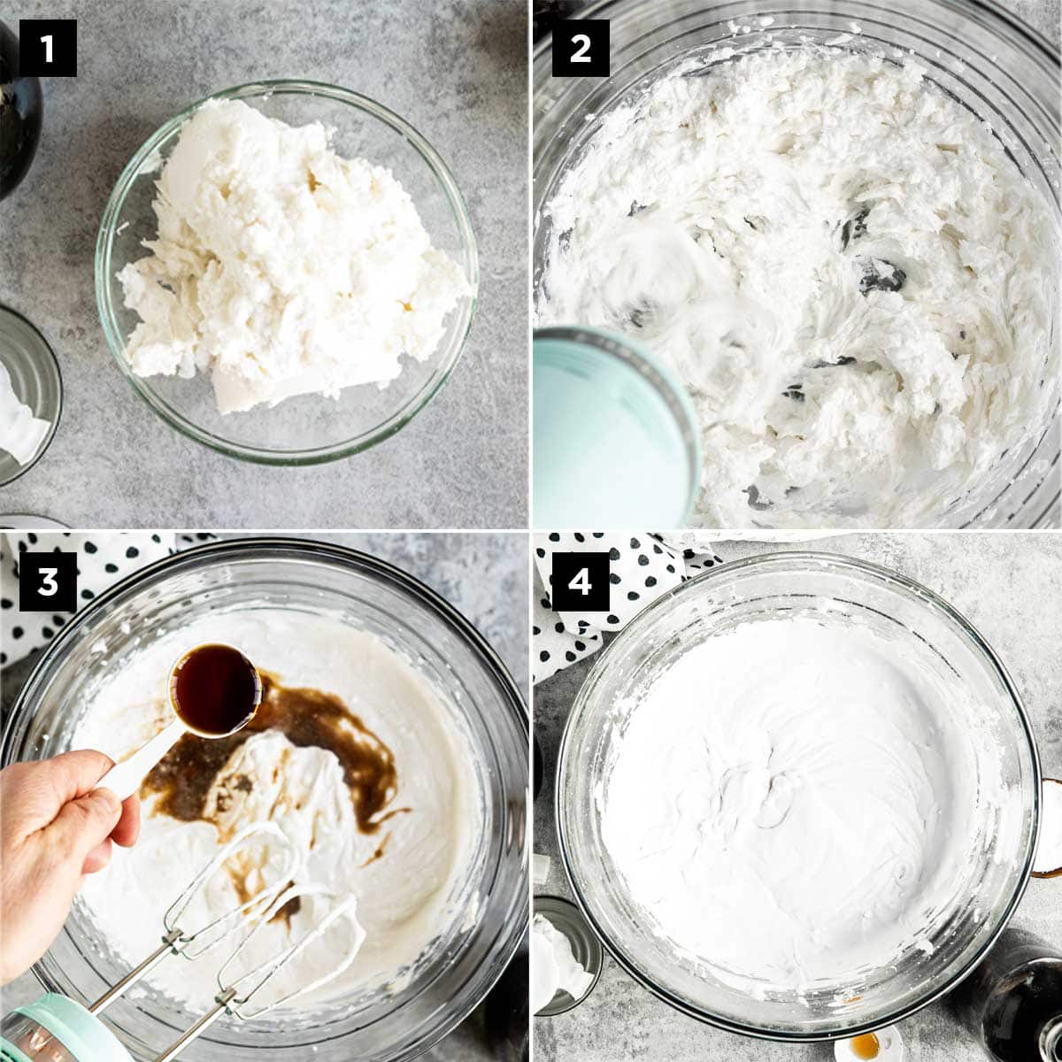 group of photos showing how to make coconut whipped cream including scooping out coconut cream, whipping it until smooth, adding vanilla and maple syrup then whipping again until smooth.