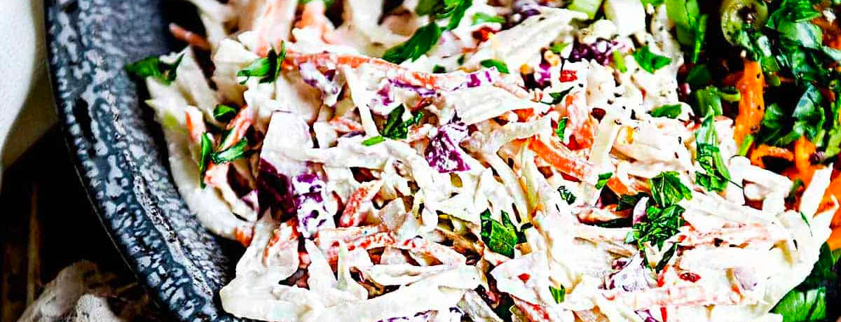 close-up view of coleslaw in a bowl