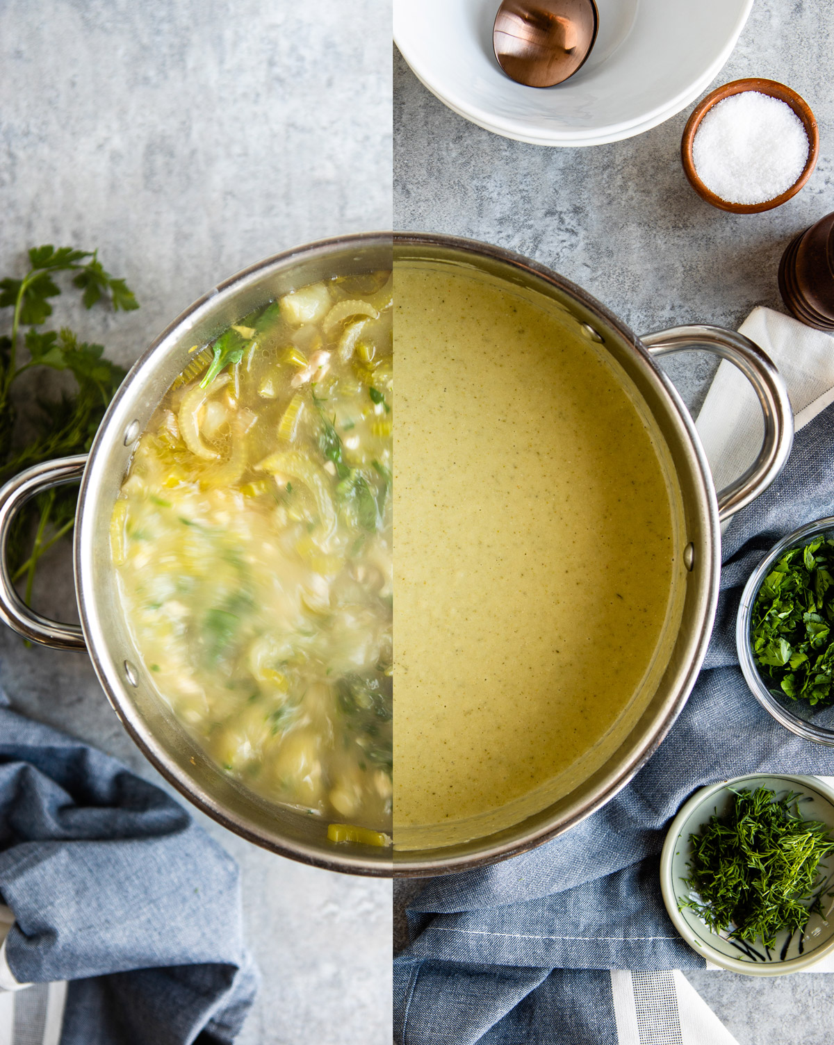 Before and after of celery soup pureed on a gray table.