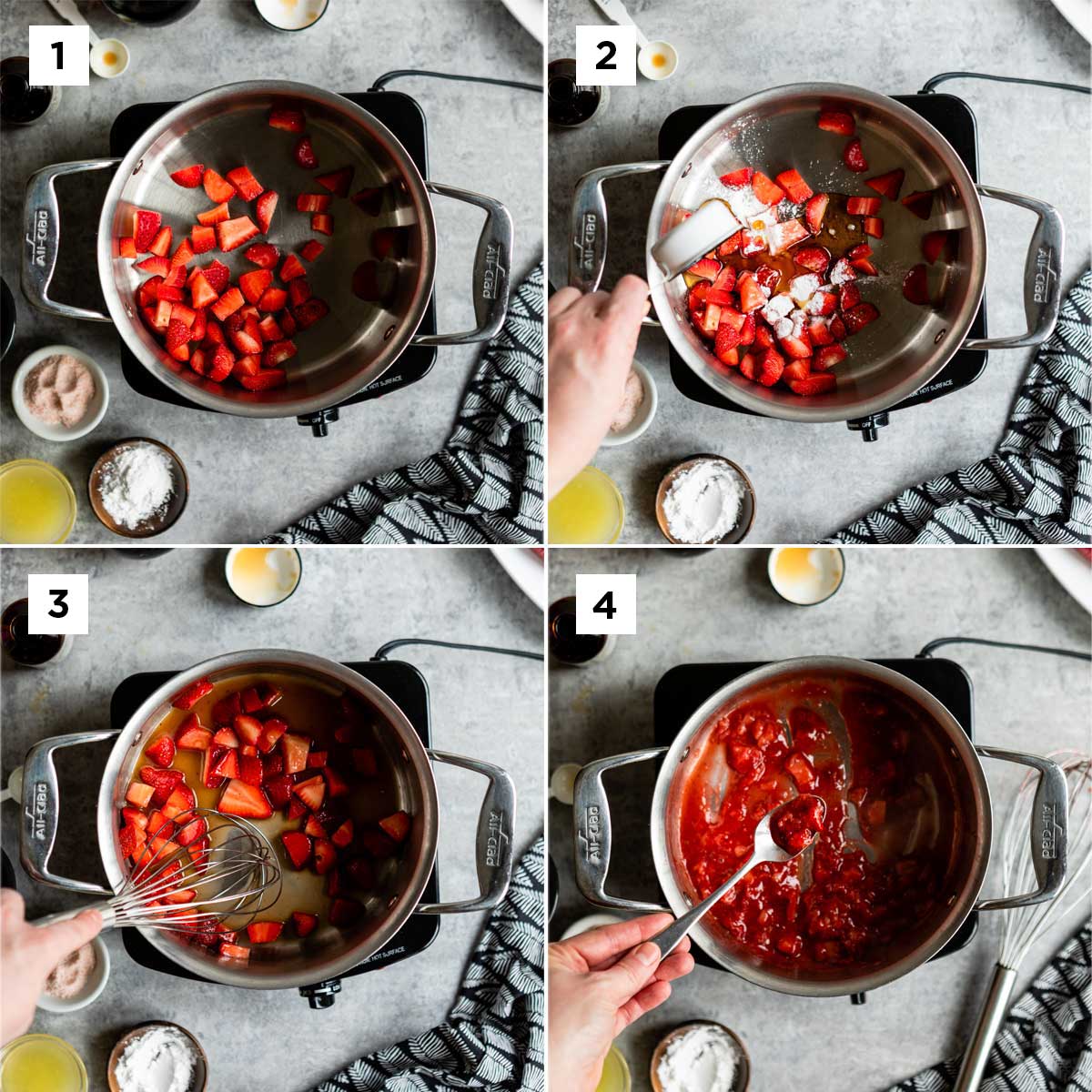 strawberries in a sauce pan then more ingredients added, then whisking to combine and finally a finished strawberry sauce.