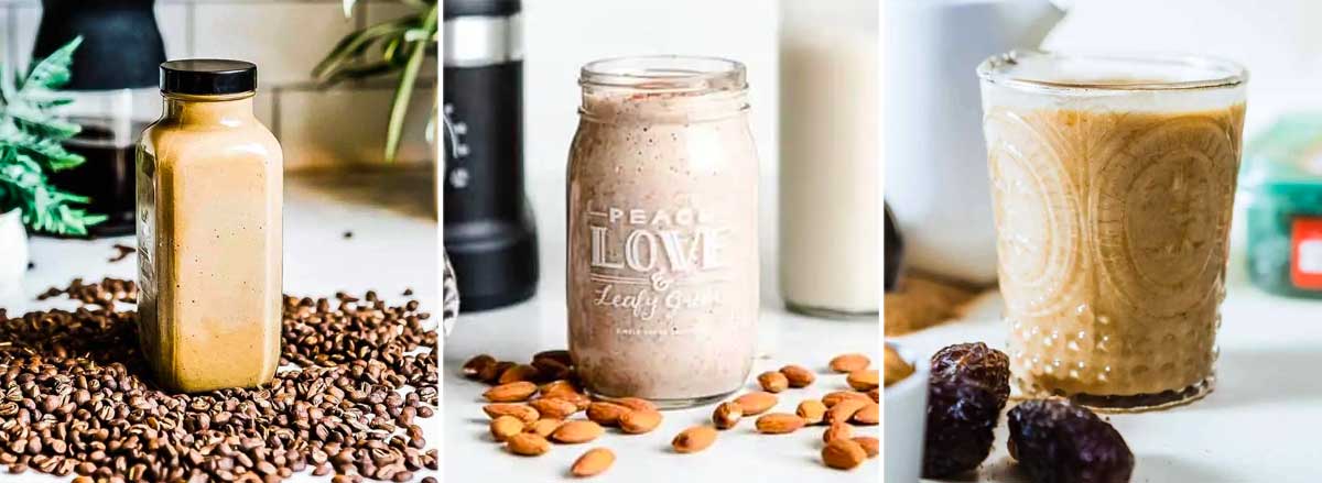 3 photos of smoothies using vegan milk