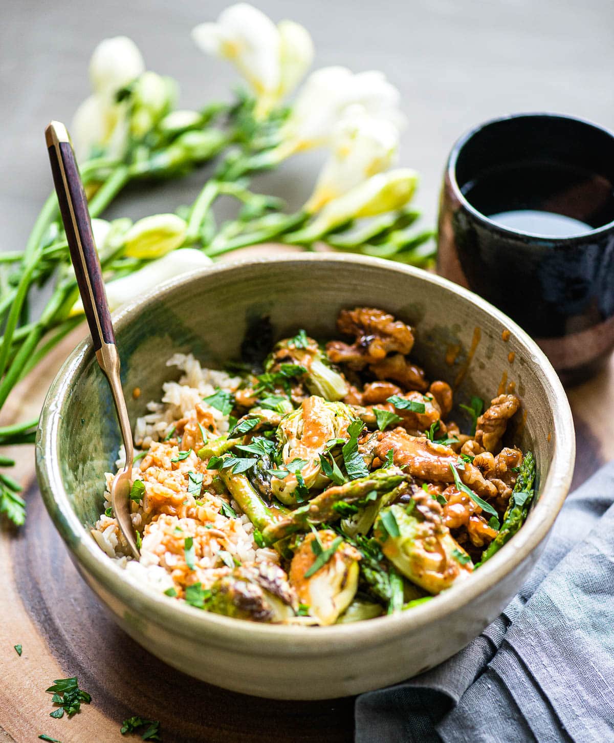 Vegetable rice bowl with savory sauce that's part of the Daniel Fast Recipes