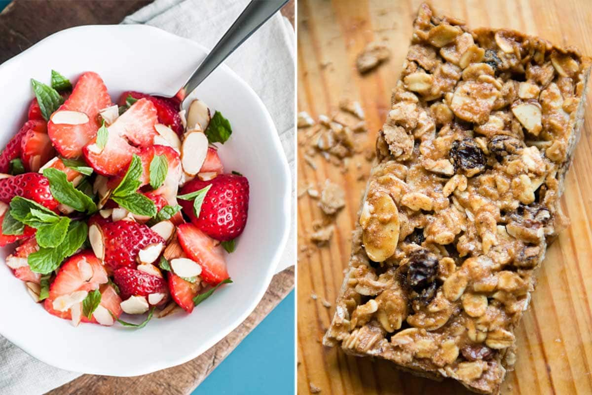 2 photos showing sweeter recipes from the Daniel Fast Meal Plan including a strawberry almond bowl and a homemade granola bar