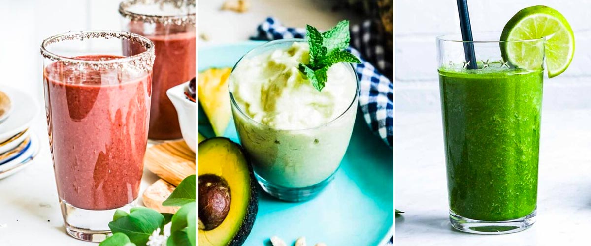 3 low sugar smoothie recipes including a cherry acai smoothie, an avocado smoothie and an alkaline smoothie, all in glass jars.