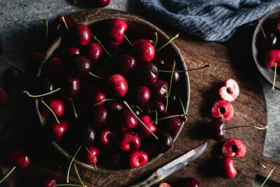 organic red cherries in a bowl