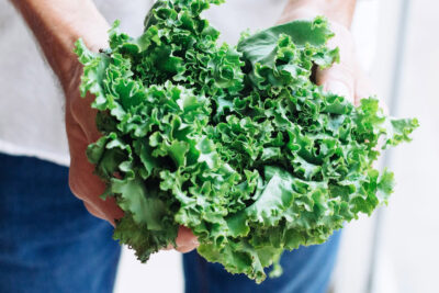 Man holding kale bunch for dirty dozen list