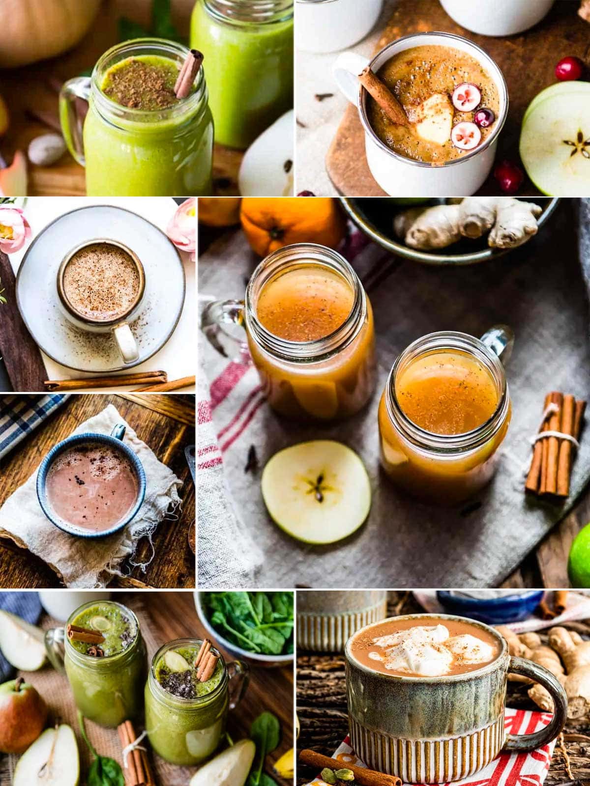 collage of fall beverages including warm smoothies, hot chocolate, apple cider and chai