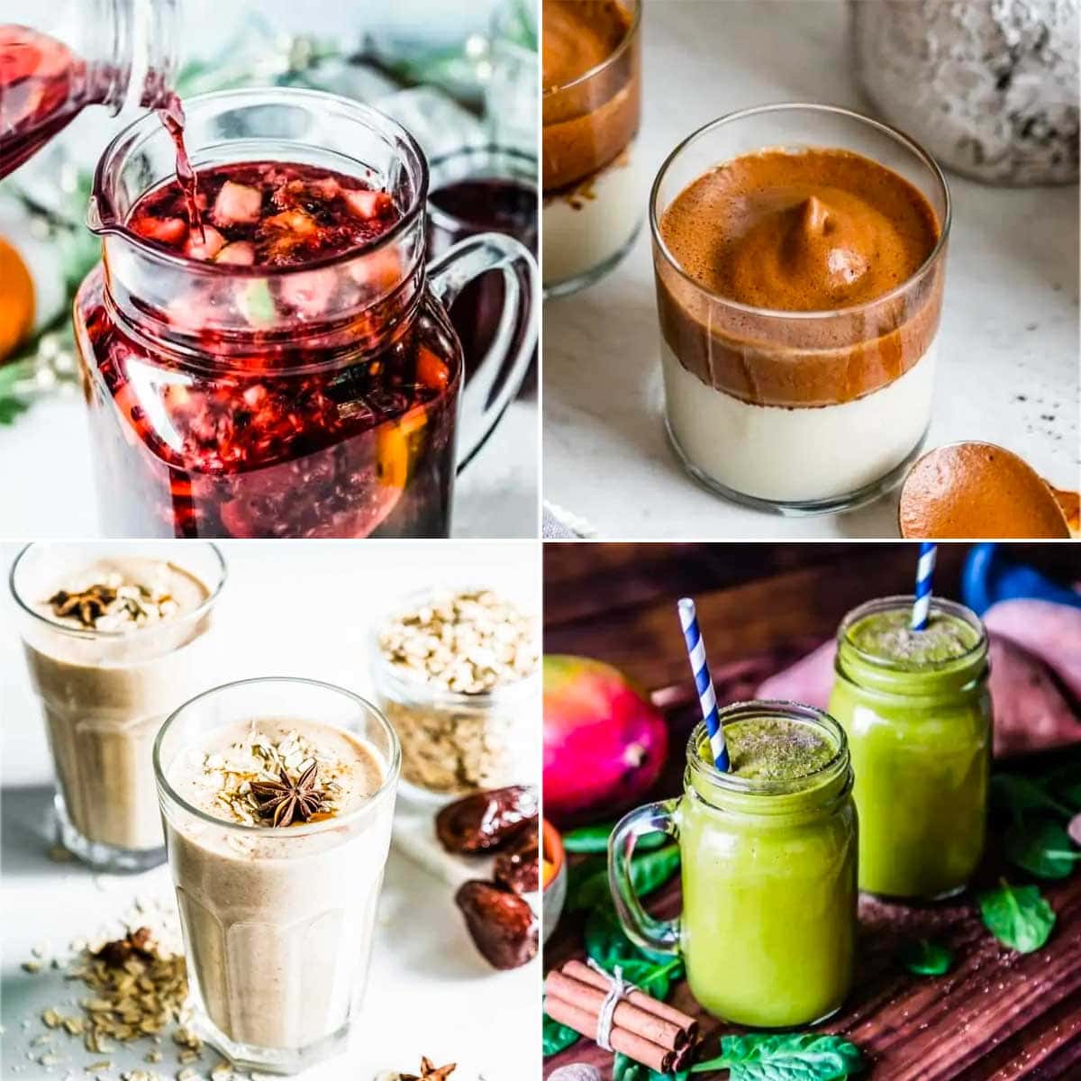 collage of cold drinks for fall including dalgona coffee, non-alcoholic sangria and smoothies