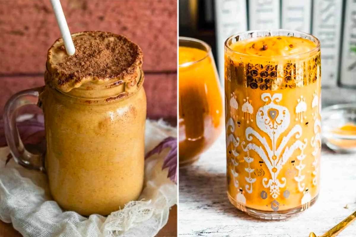 2 photos of orange pumpkin smoothies