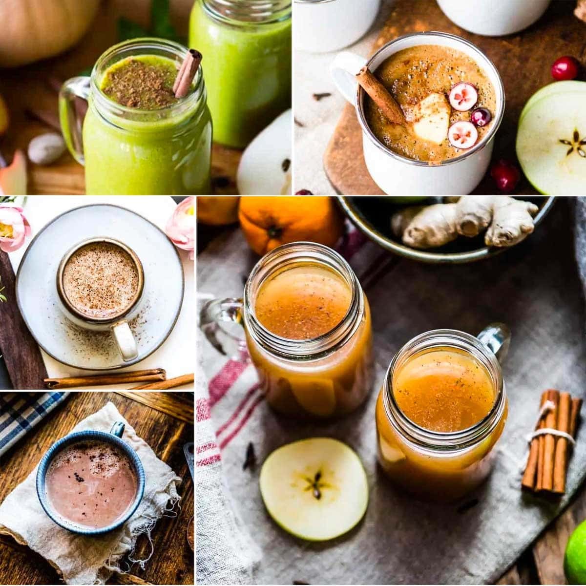 collage of drinks for fall including lattes, warm smoothies and apple cider