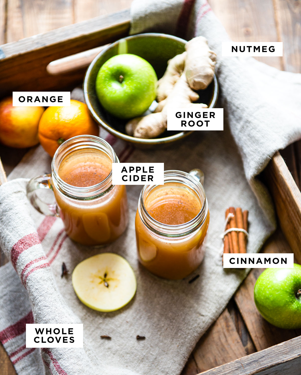 labeled ingredients for cider including nutmeg, ginger root, orange, apple cider, cinnamon and whole cloves.