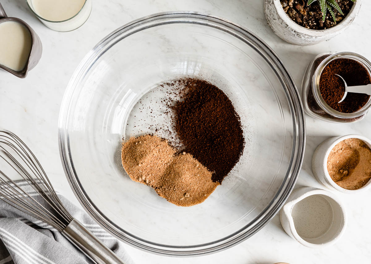 glass bowl of instant coffee and coconut sugar.