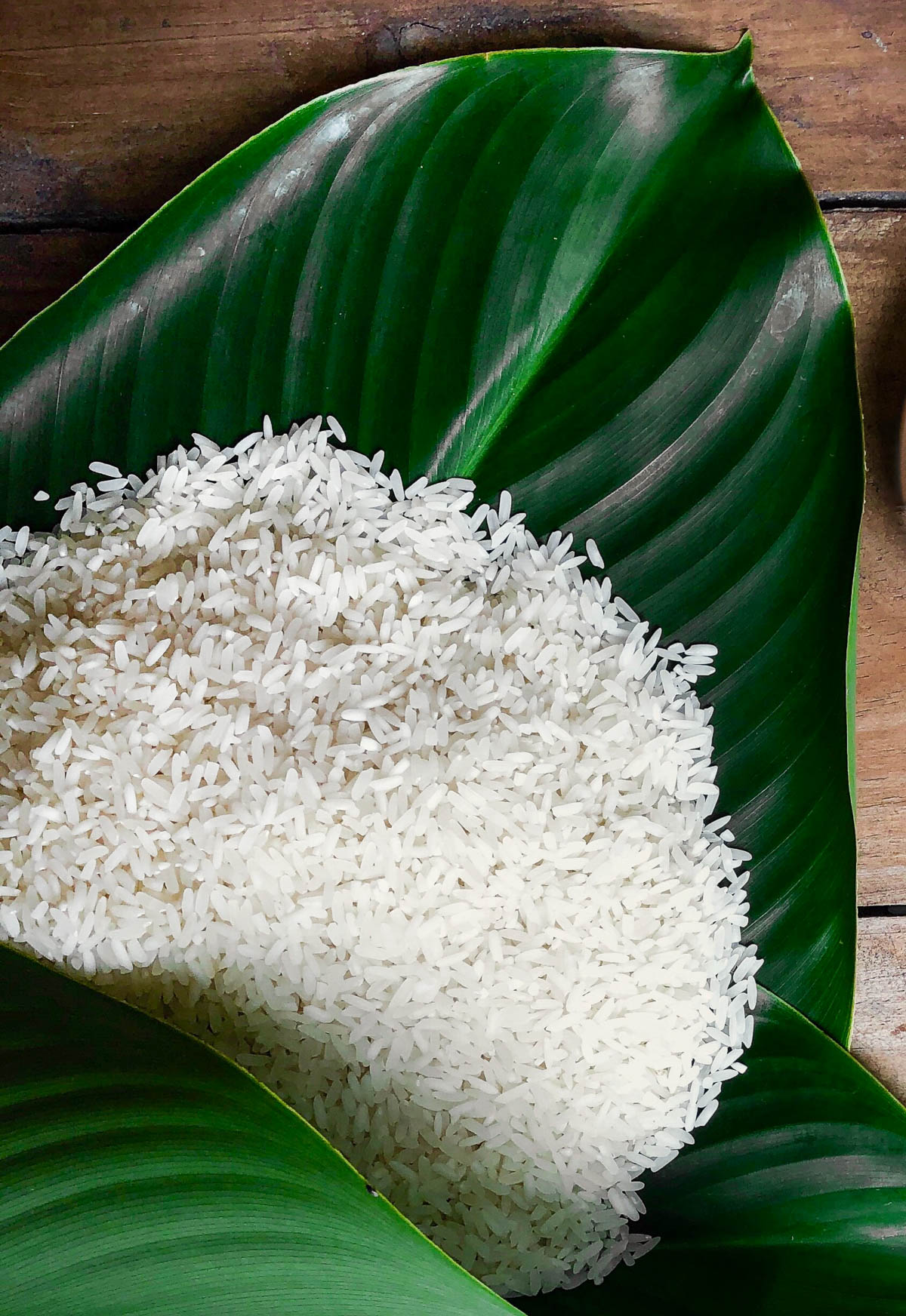 white rice on giant green leaves.