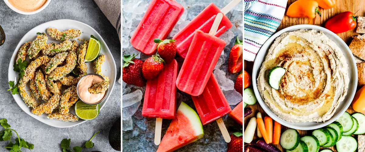photo of 3 healthy snacks including crispy avocado fries, watermelon strawberry popsicles, and homemade hummus with veggies.