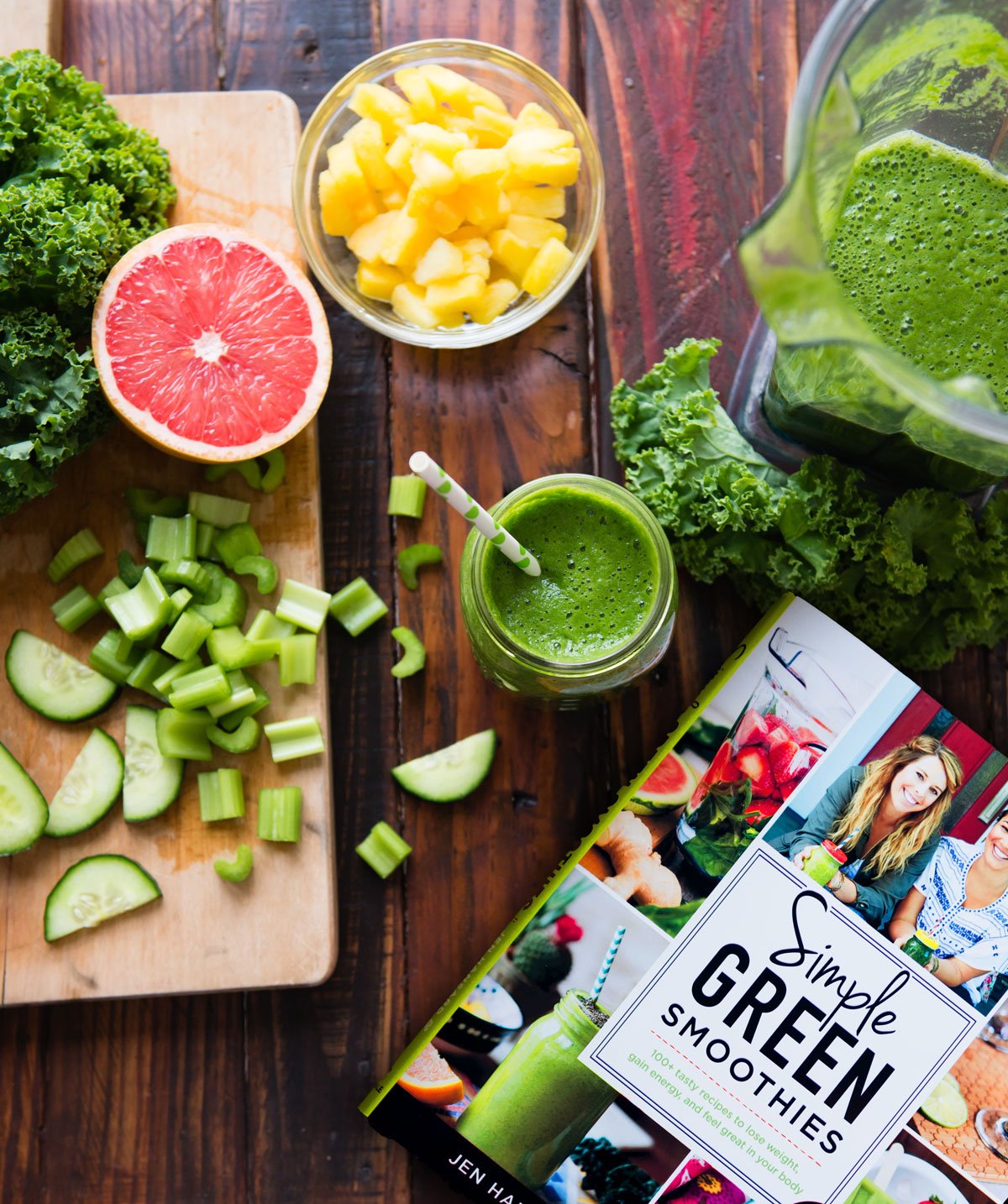 Ingredients for fat-burning smoothies for weight loss on wood cutting board.