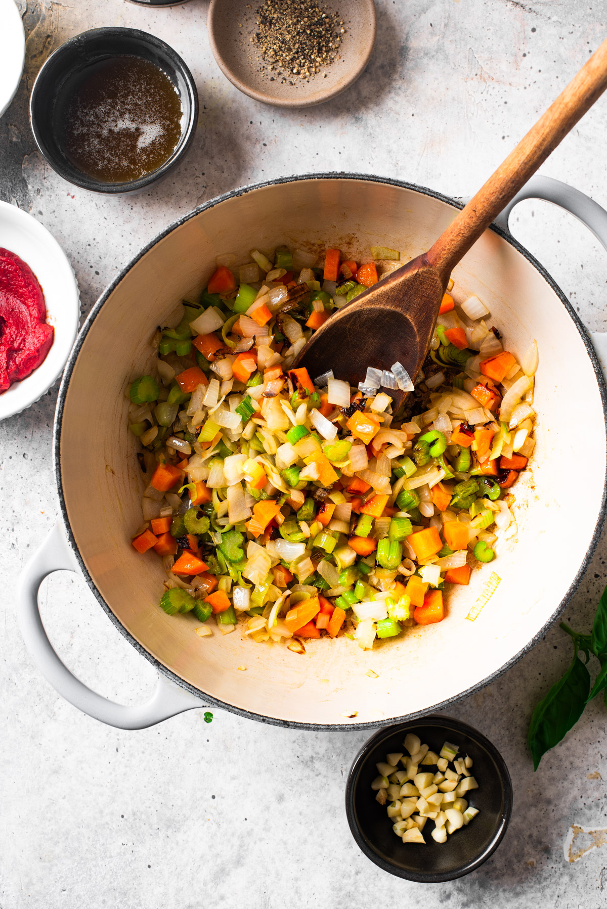 Sauteing mirepoix in a dutch oven.