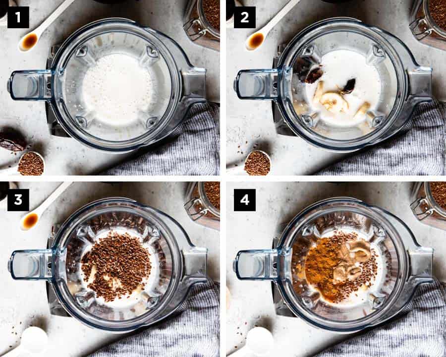 4 blender containers, one with just plant-based milk, one with dates and banana on top, then one with flaxseed and one with all the ingredients including vanilla and cinnamon.