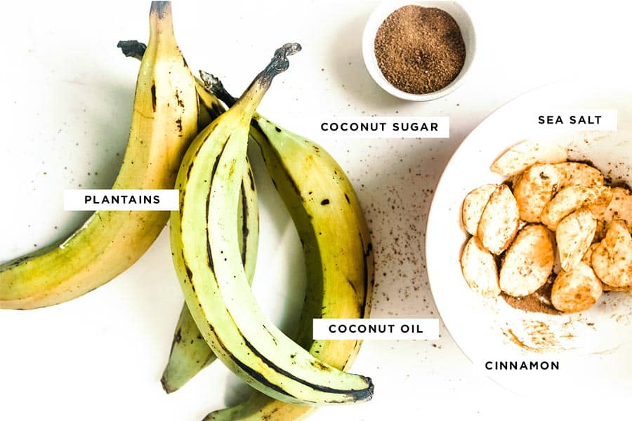 ingredients for sweet fried plantains including plantains, coconut sugar, sea salt, cinnamon and coconut oil.