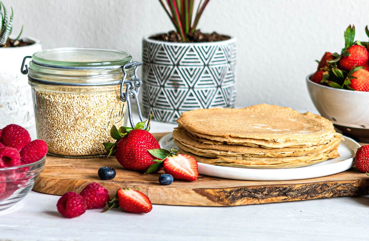 photo of gluten free crepes, quinoa and fresh fruit