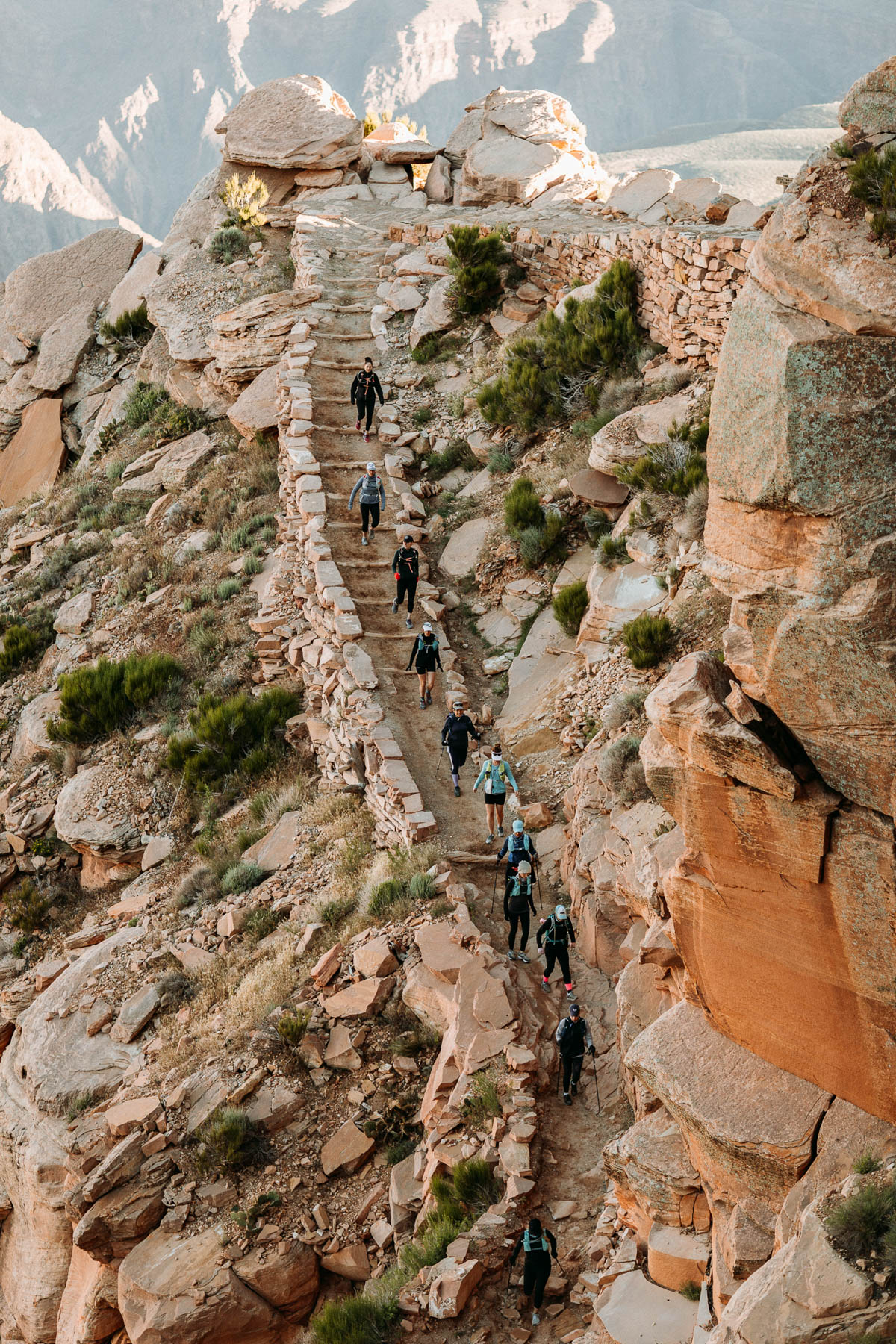 Switchback stairs along the Grand Canyon Rim to Rim South Kaibab trail.