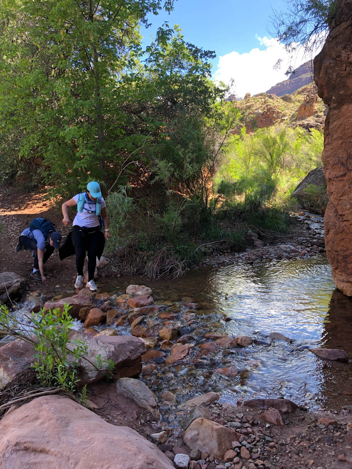 Women crossing Bright Angel Creek at bottom of Grand Canyon.