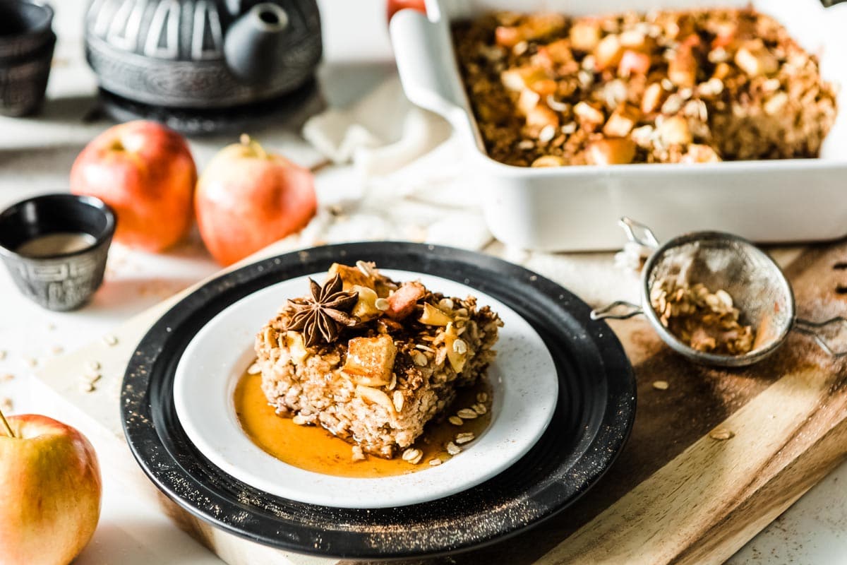 baked oatmeal with syrup on a plate