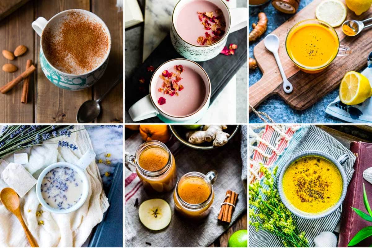 photo collage of 6 healthy caffeine alternatives including pink moon milk, warm almond milk, apple cider, lavender tea and turmeric latte.