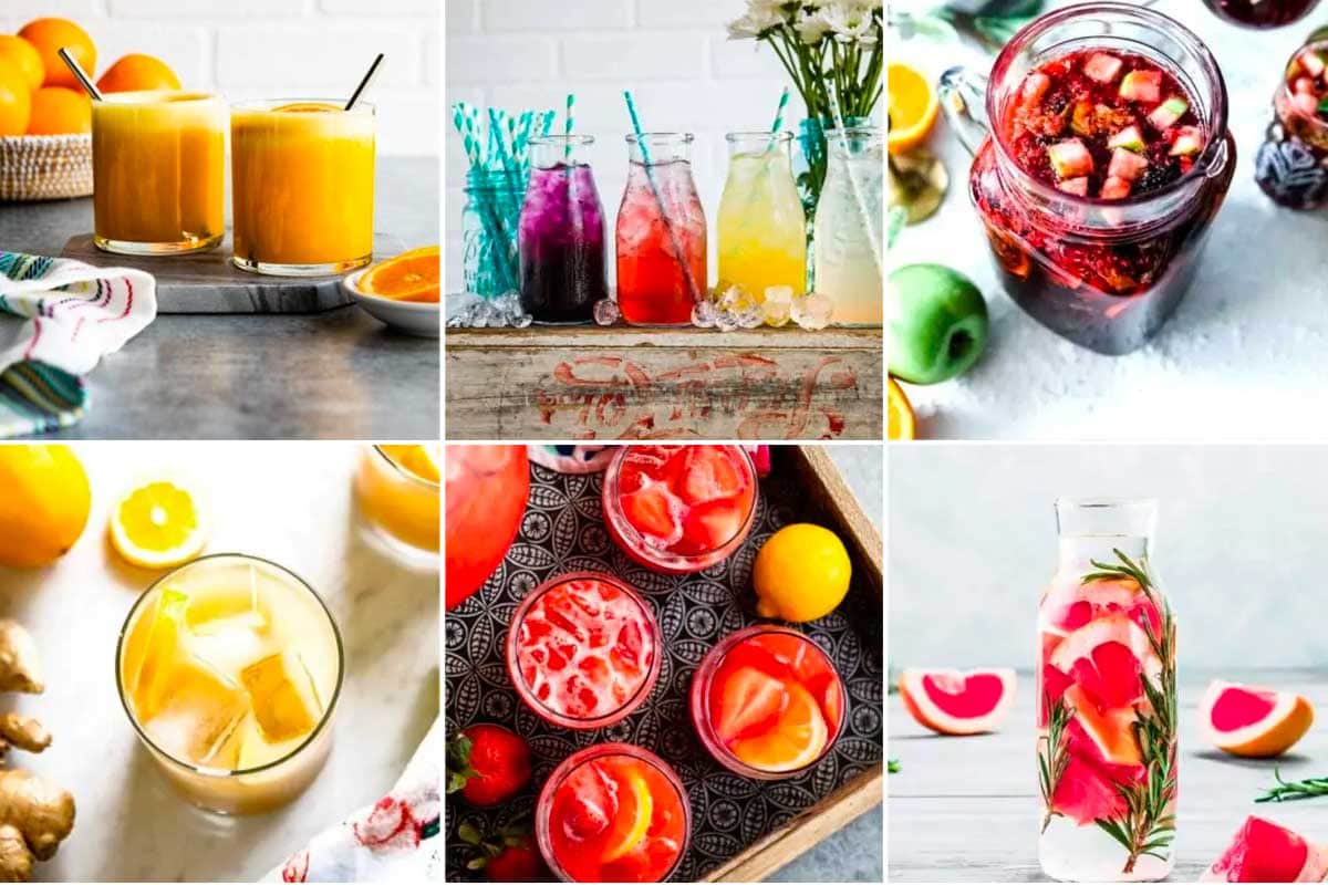 photo collage of chilled caffeine alternatives including an adrenal cocktail, Italian soda, virgin sangria and strawberry lemonade