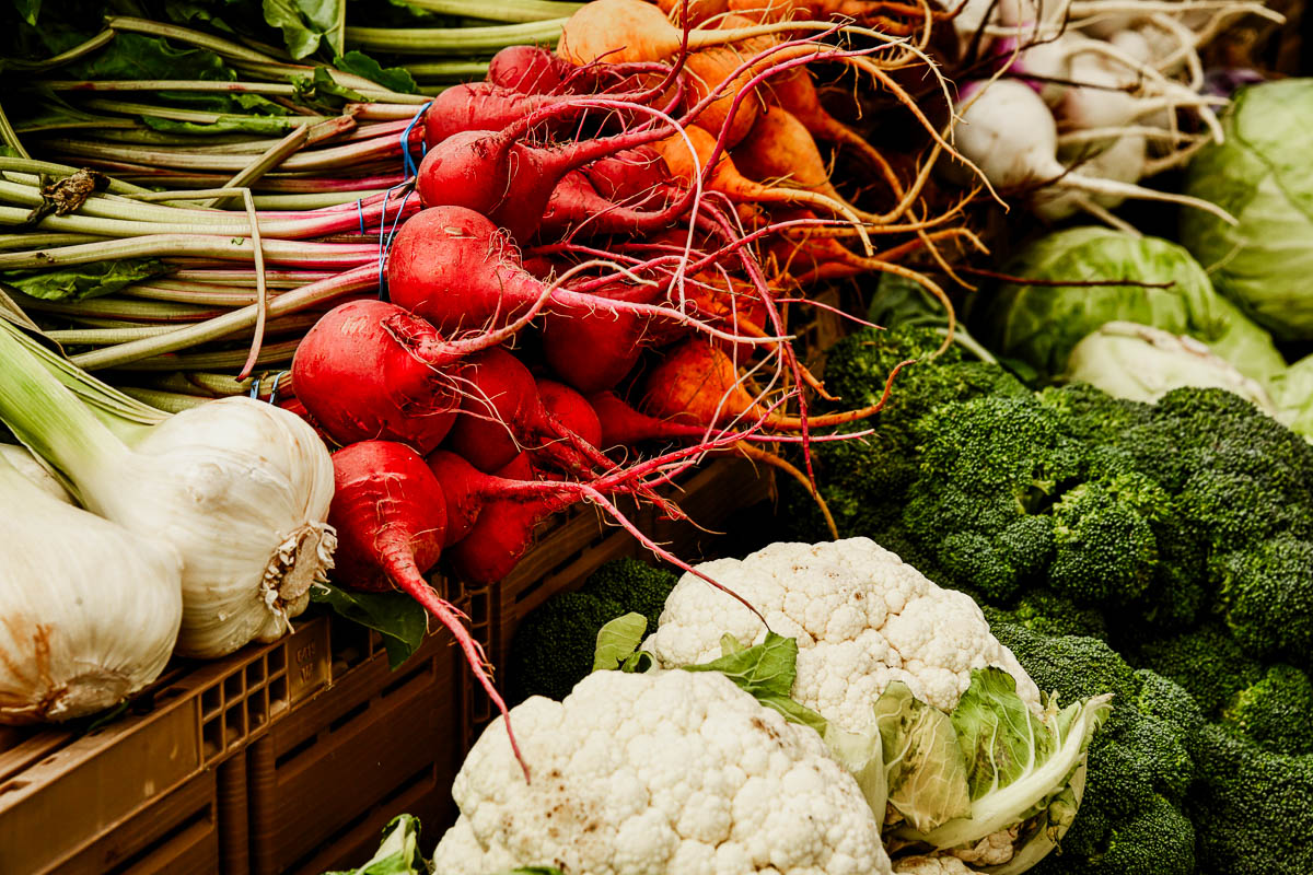 vegetable stand with fresh garlic, radishes, turnips, cauliflower, broccoli and cabbage in rows. 