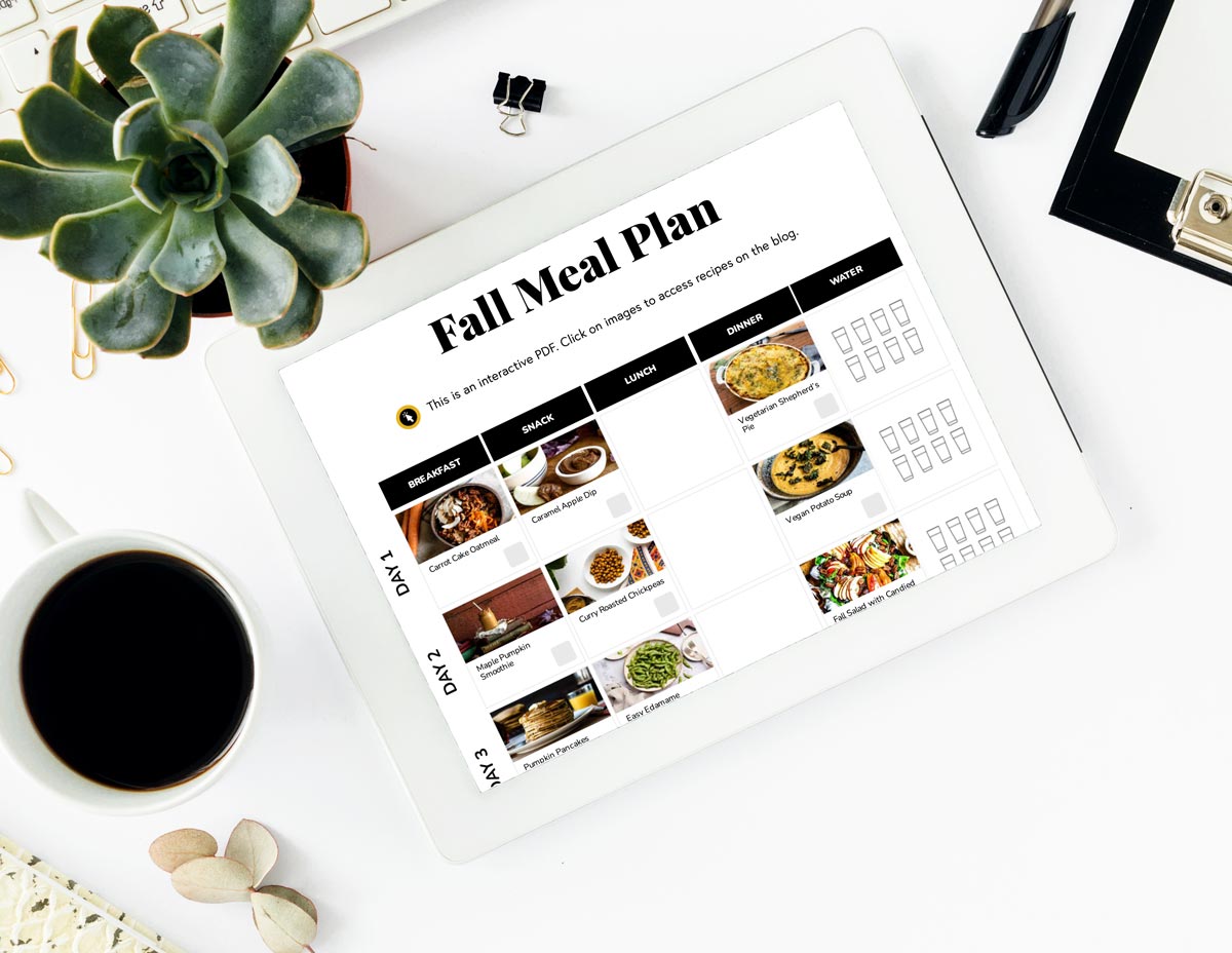 white tablet with Fall Meal Plan and recipe calendar on it.
