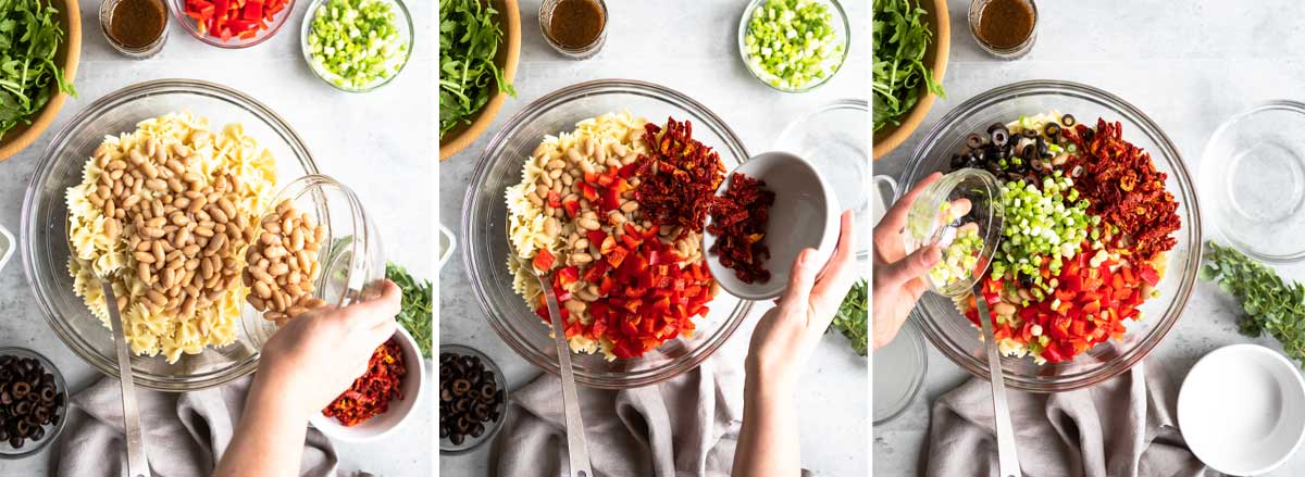 mixing ingredients for delicious meal including white beans, sun-dried tomatoes and green onions.