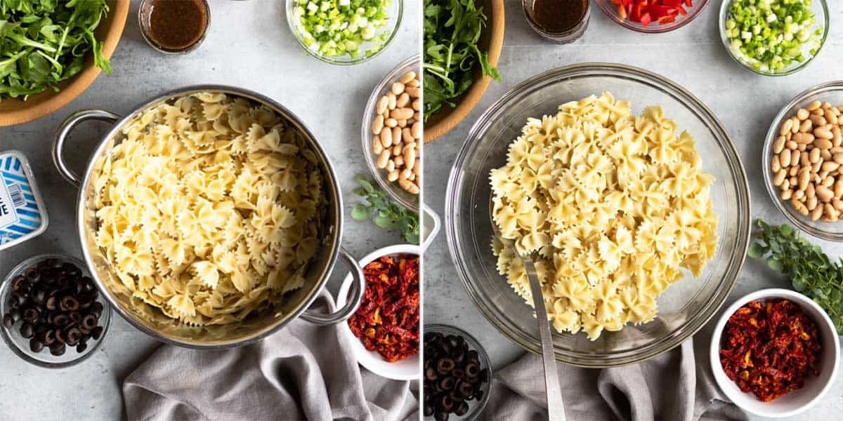 bowtie pasta in a stainless steel pot then a glass bowl, ready to be mixed together.