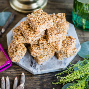 healthy rice crispy treats on table.