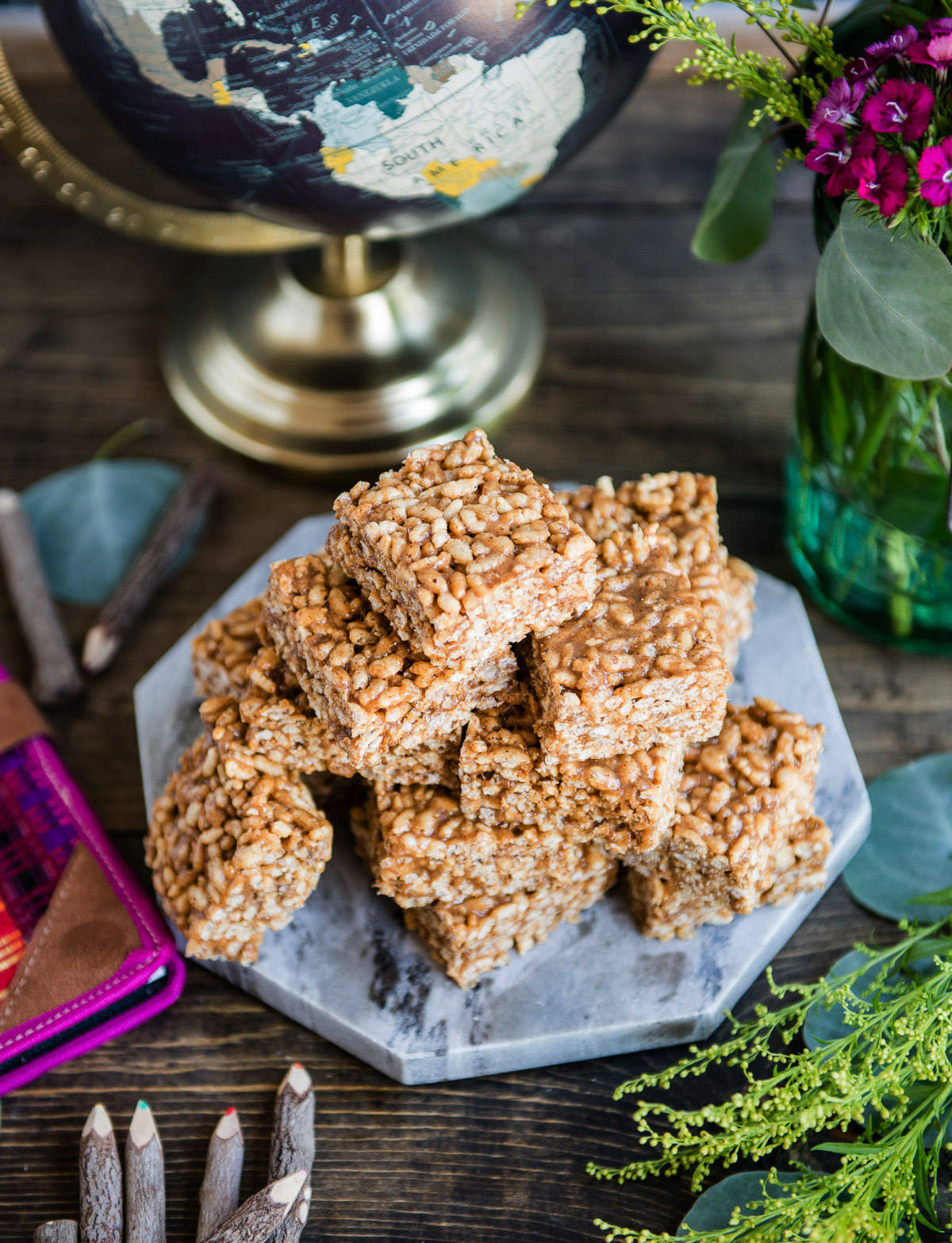 Rice Krispie Treat Bars on marble plate.