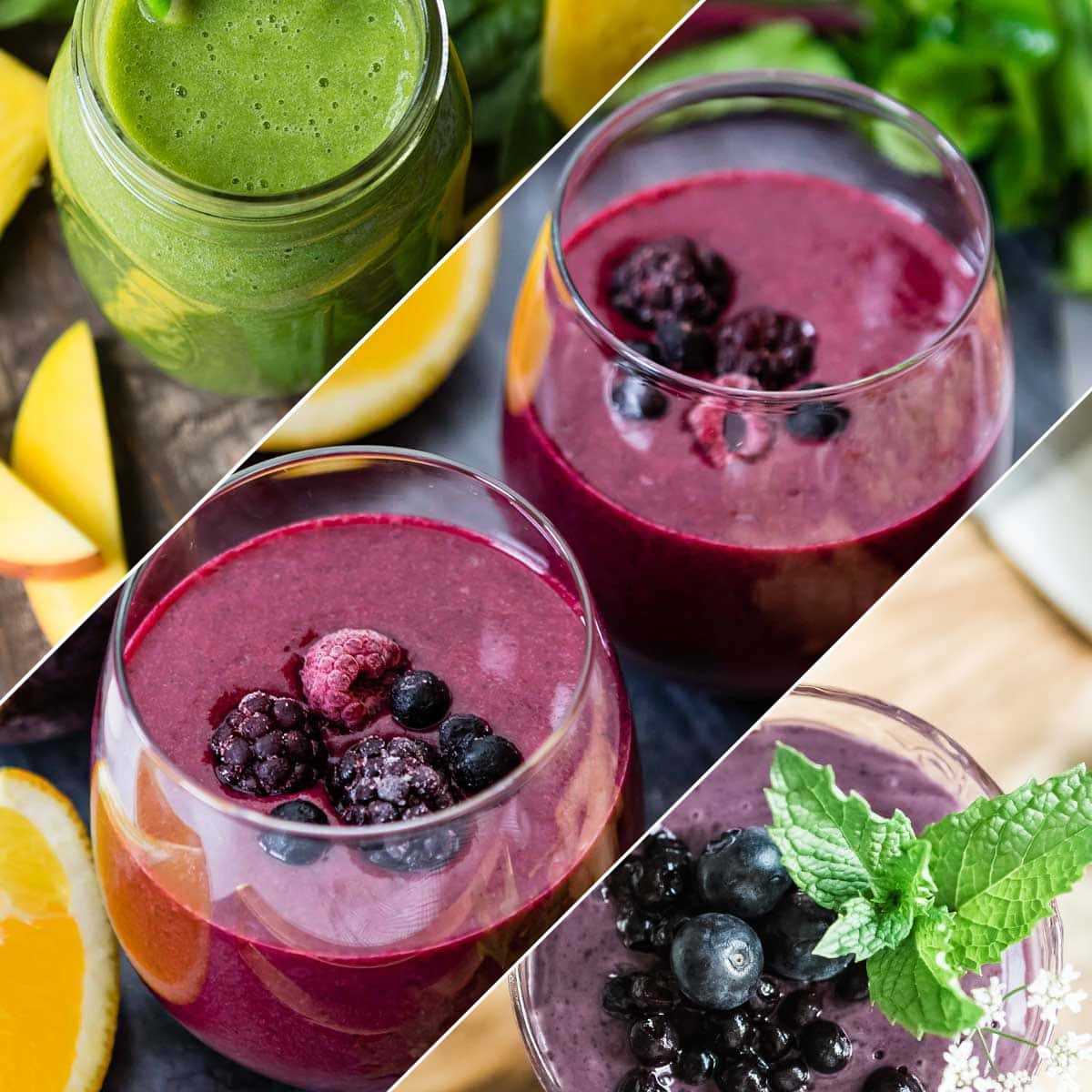 1 green smoothie in a glass jar above 2 purple smoothies topped with frozen fruit on top of 1 purple smoothie with blueberries and fresh mint leaves.