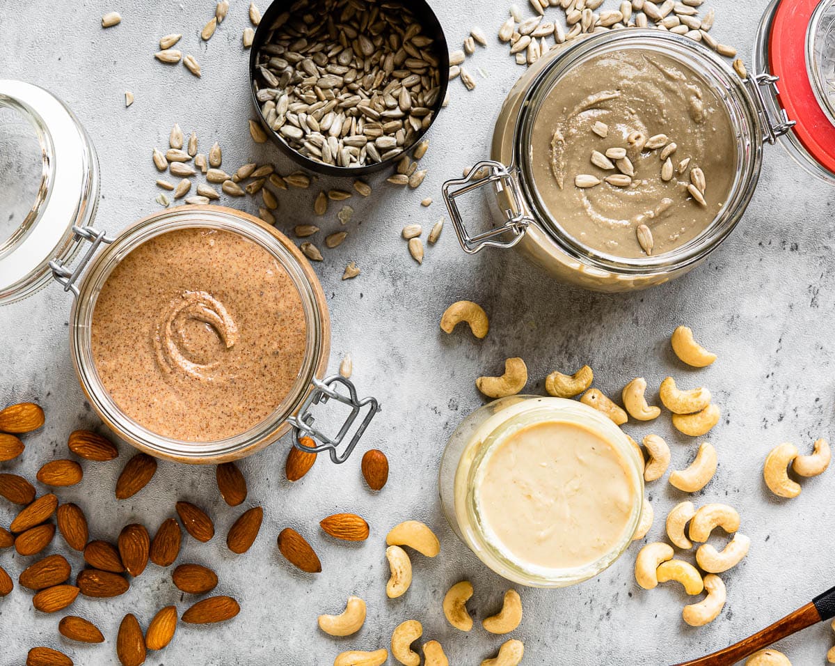 easy snacks for kids include nut and butters like almond butter, sunflower seed butter and cashew butter in glass jars with air-tight lids.