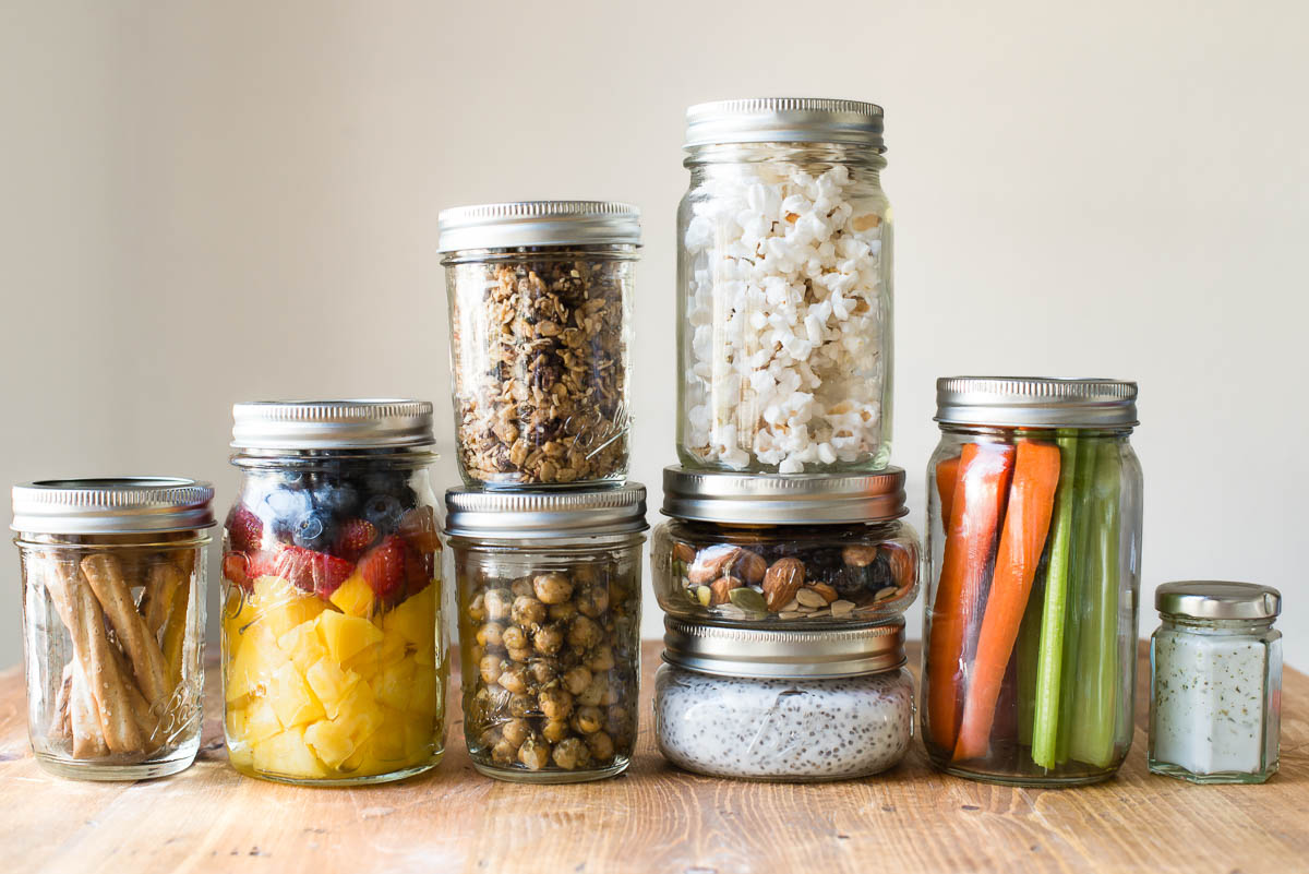 mason jars filled with ready to eat snacks for work.