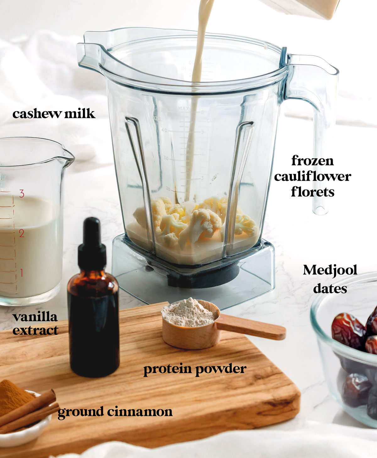 Ingredients to make vanilla protein shake recipe.