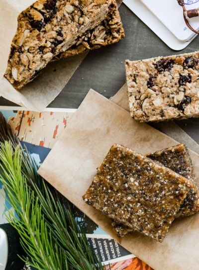 2 different types of homemade granola bars for healthy workout snacks.