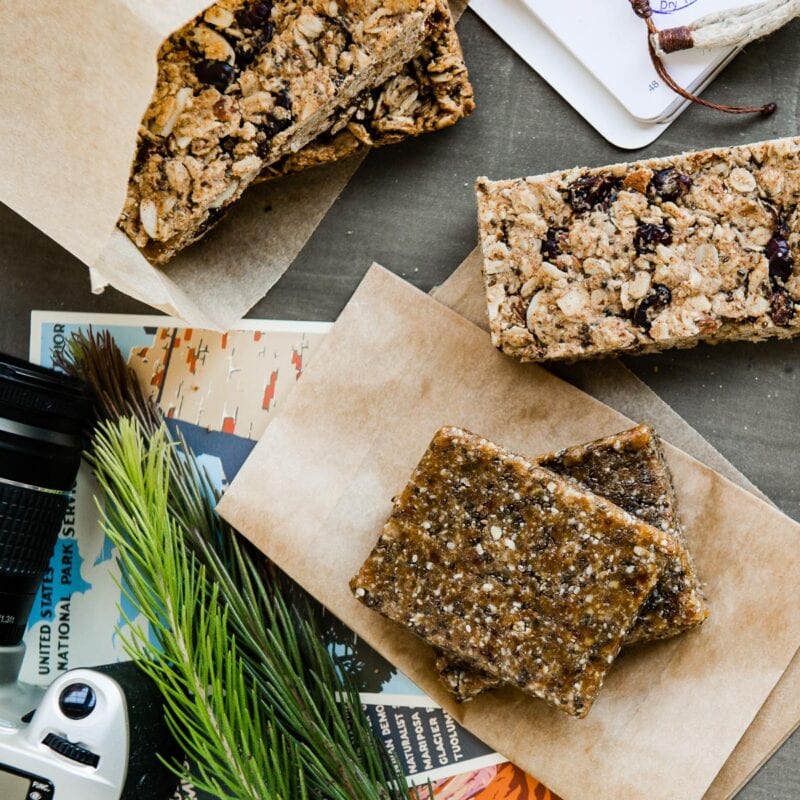2 different types of homemade granola bars for healthy workout snacks.