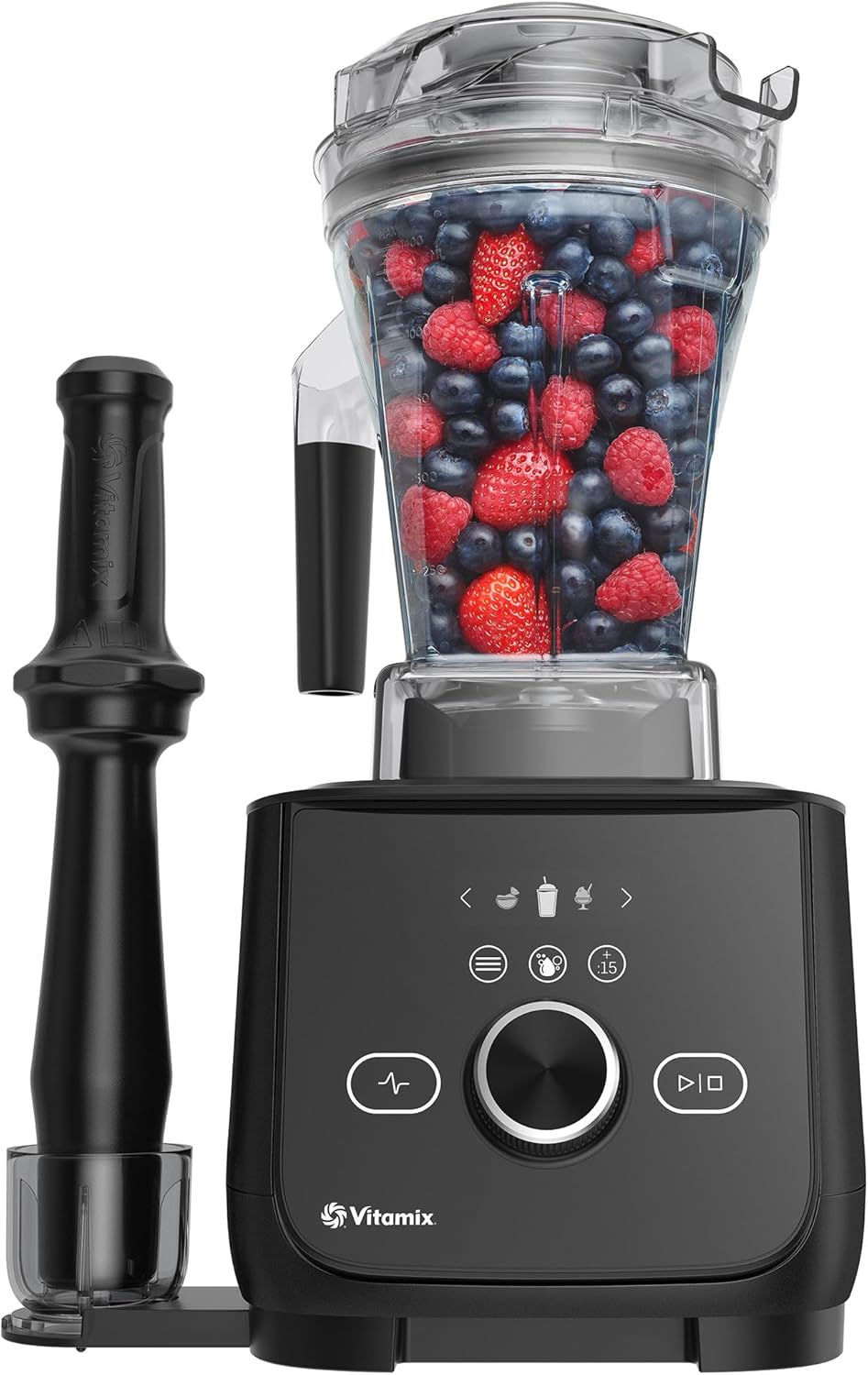 Vitamix ascent X2 blender packed with blueberries and strawberries.