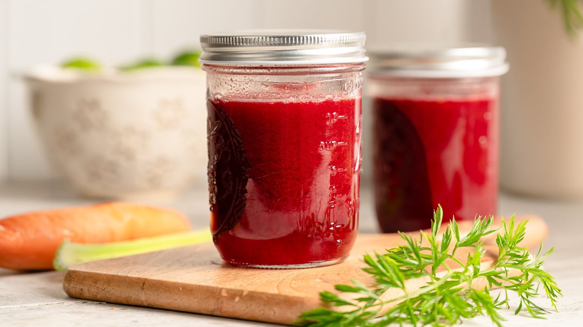 Two mason jars of homemade V8 juice