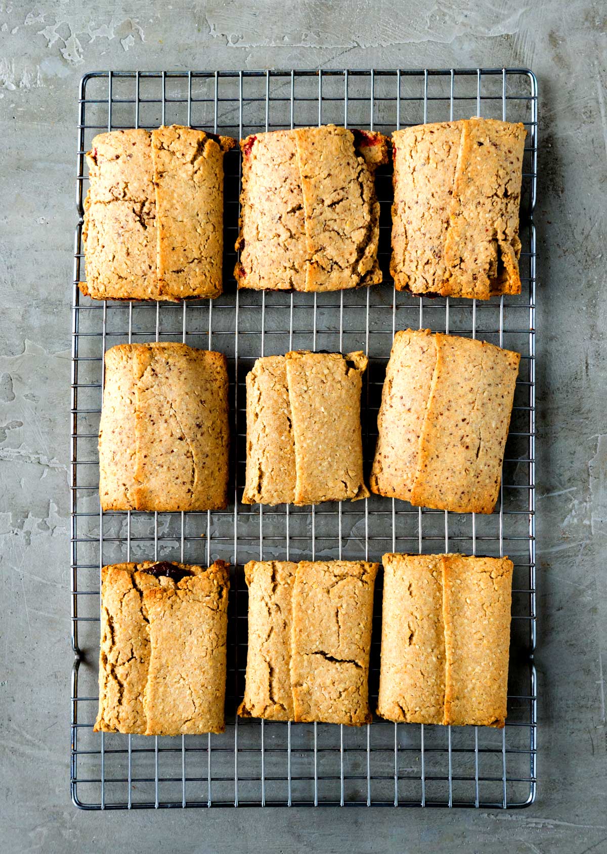 Neatly arranged breakfast bars on a baking rack