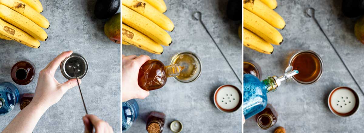 3 side by side photos showing how to mix up a fruit fly trap